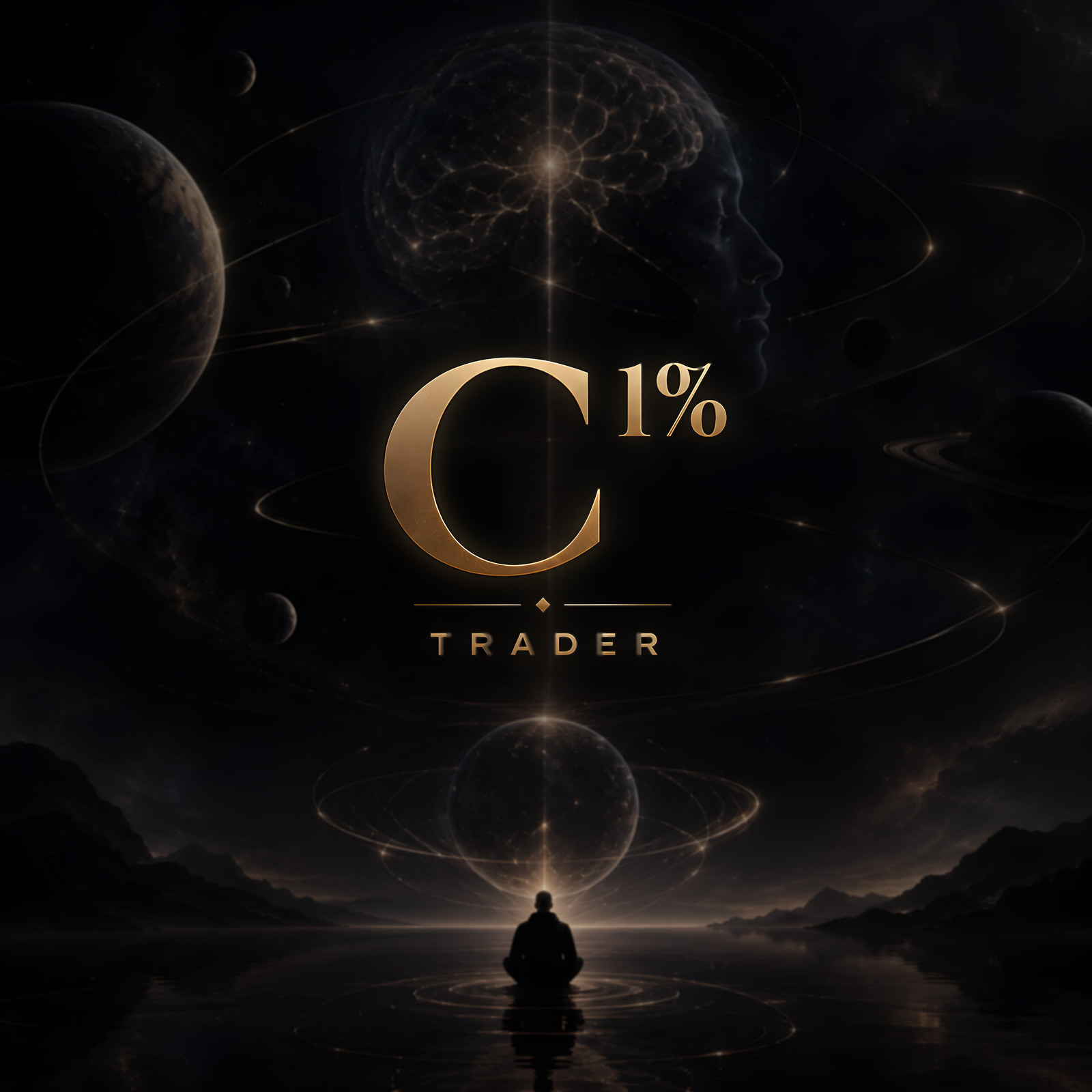 C 1% Trader logo: a trader meditating on a still lake beneath a golden network of light, planets and orbits, with the C 1% TRADER mark at the center.